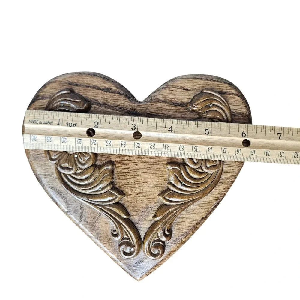 Vtg Carved Oak Wood Heart Wall Hanging Towel Bar Floral‎ Scroll Decor